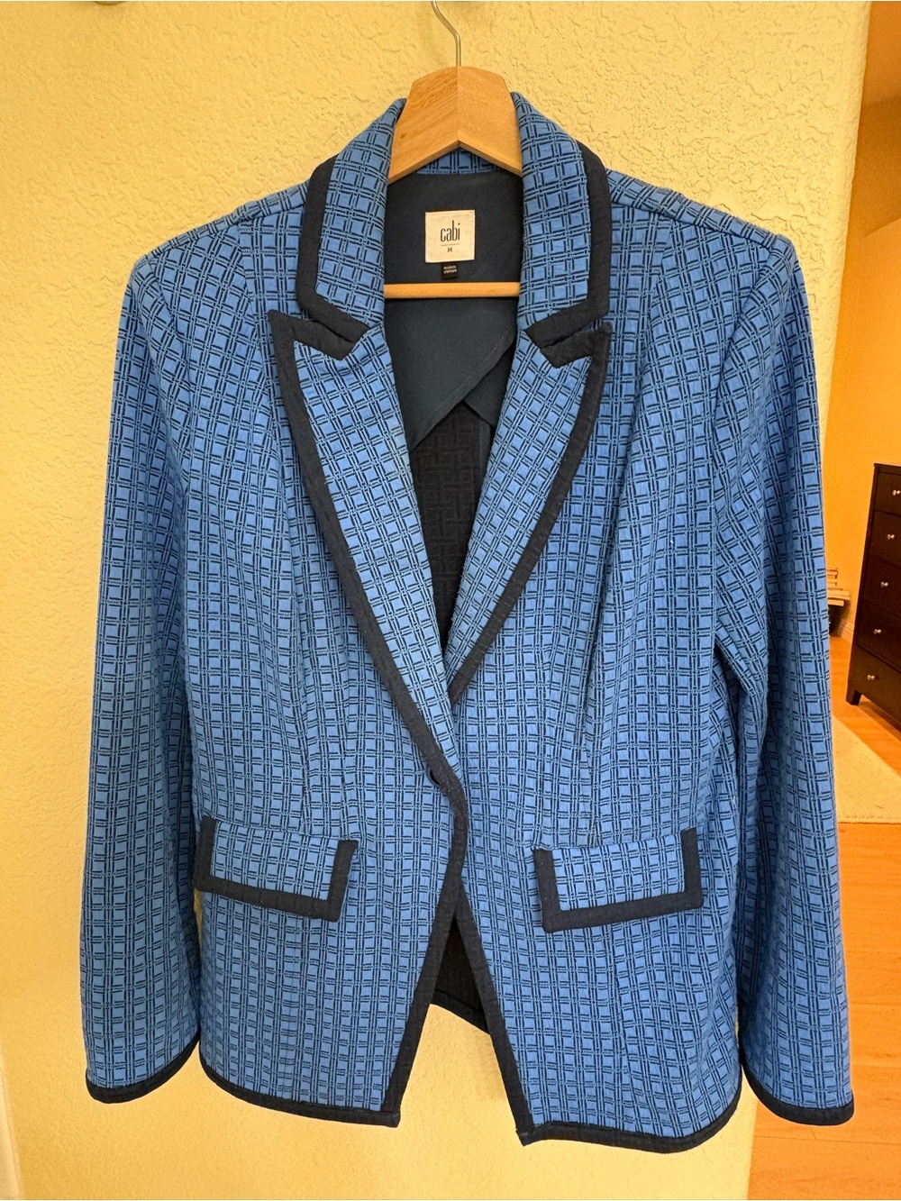CAbi Blue Textured Blazer with Black Trim Details